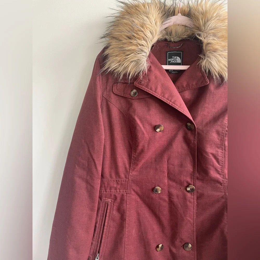 North Face Burgundy Boulevard Jacket Faux Fur Removeable Collar Hidden Zipper - Picture 5 of 13